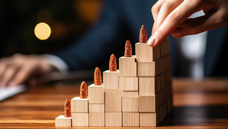 Businessman building a tower of wooden blocks. Concept of business successの素材
