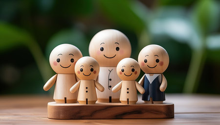 Wooden figures of family with smiley faces on wooden background.の素材