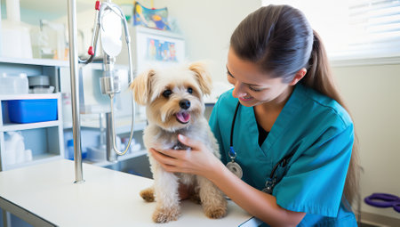 Portrait of female veterinarian examining cute dog in vet clinic.の素材