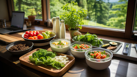 Healthy breakfast with fresh vegetables and meat on wooden table near the windowの素材