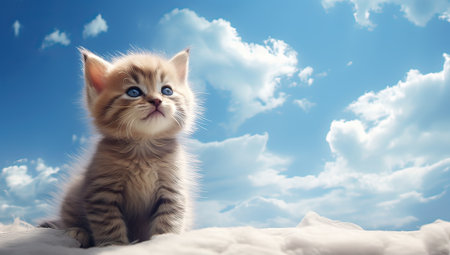 Cute little kitten with blue eyes sitting on cloud and sky backgroundの素材