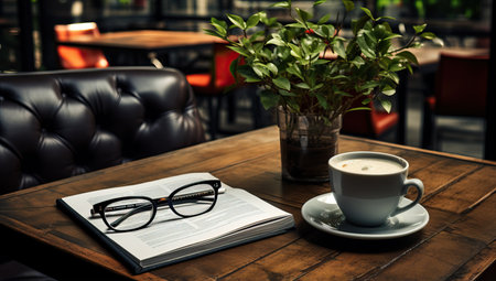 Cup of coffee with book and eyeglasses on wooden tableの素材