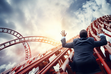 Businessman having fun on roller coaster in amusement park.の素材