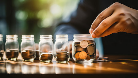 Man hand putting coins in the glass jar for save money and account banking for business concept.の素材