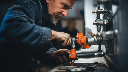 Repairman working at the factory. Close-up of a repairman using a screwdriver.の素材