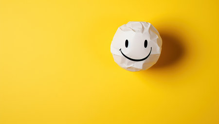 White paper ball with smiley face on yellow background. Minimal conceptの素材