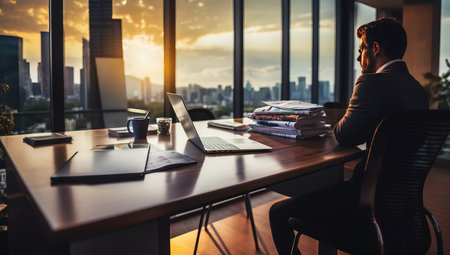 Businessman working in office with city view and skyscrapers in the backgroundの素材