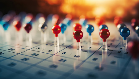 Selective focus on red and blue push pin on calendar with light backgroundの素材