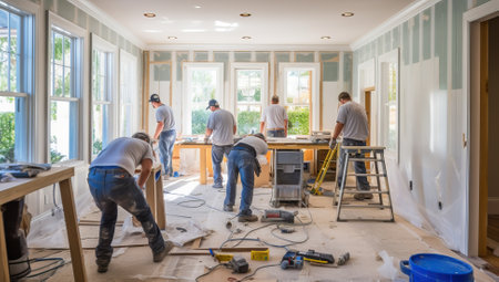 Home improvement and renovation concept. handymen at work in a new houseの素材