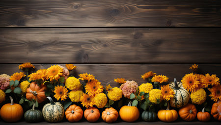 Autumn background with pumpkins, flowers and leaves on wooden boardの素材