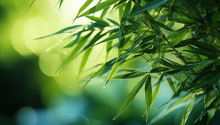 bamboo leaves on green background, shallow depth of field, selective focusの素材
