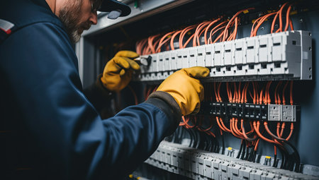 Close-up of electrician hands with gloves working in fuse boxの素材