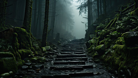 Staircase in a dark forest with trees and moss, Halloween backgroundの素材