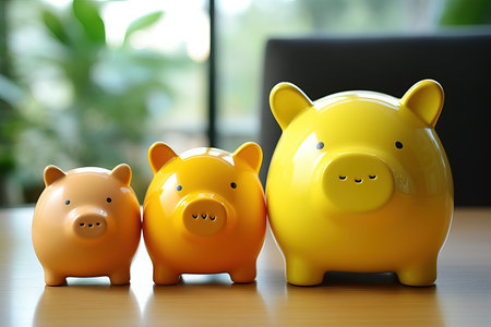 Piggy bank on wooden table in office. Saving money conceptの素材