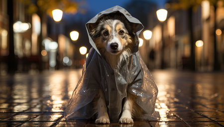 Corgi dog in a raincoat on the street at nightの素材
