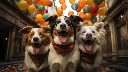 Portrait of three shepherd dogs with colorful balloons.の素材