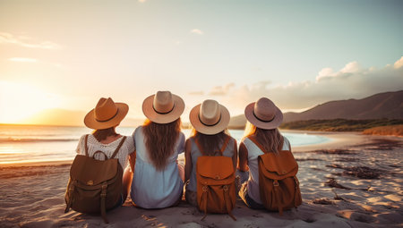 Group of friends sitting on the beach and looking at the sunset.の素材
