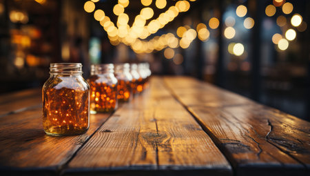 Empty glass bottles on wooden table with bokeh lights background.の素材