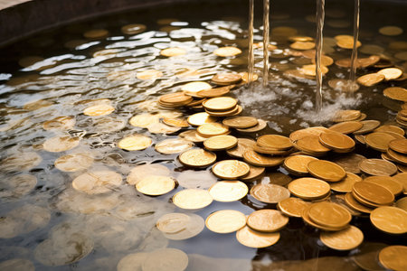 gold coins falling into a water fountain with bokeh background.の素材