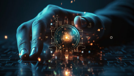 Close up of human hand holding cryptocurrency symbol on digital backgroundの素材