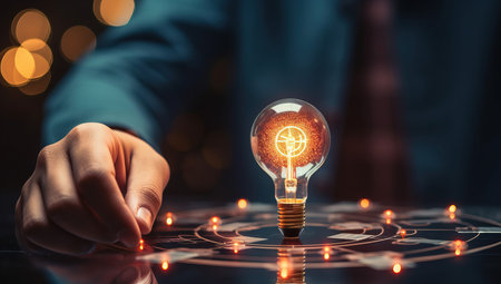 Close up of businessman hand holding light bulb on bokeh backgroundの素材