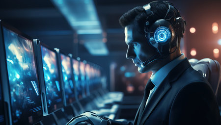 Cyborg man in black suit and headphones playing computer games.の素材