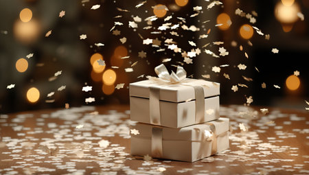 Gift boxes and confetti on wooden table, bokeh effectの素材