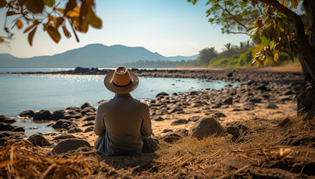 Man sitting on the beach and looking at the sea in the morningの素材