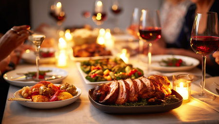 Close-up of festive dinner table with roasted turkey, vegetables and wineの素材