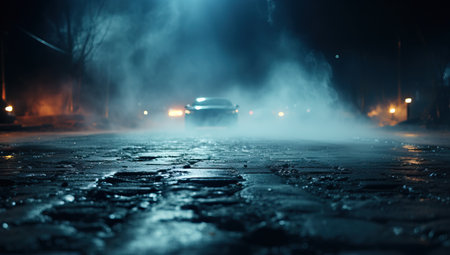 Night city street with wet asphalt and car on the road, foggy tonedの素材