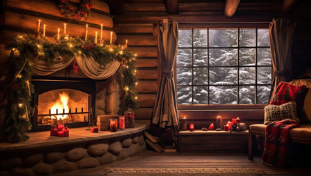 Interior of a log house with fireplace and christmas decorations.の素材