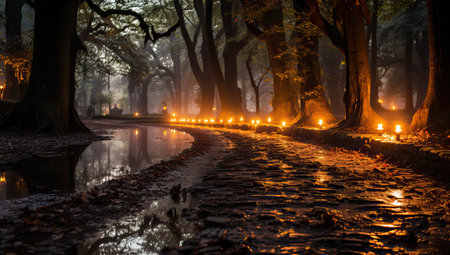 Autumn road in the park at night with lanterns and fogの素材