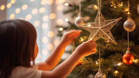 Cute little girl decorating Christmas tree at home, closeupの素材