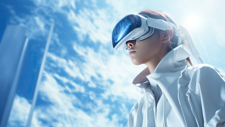 Young woman wearing virtual reality goggles on the background of skyscrapersの素材