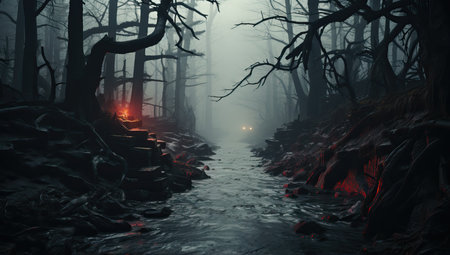 Mystical forest with fog. Halloween conceptの素材