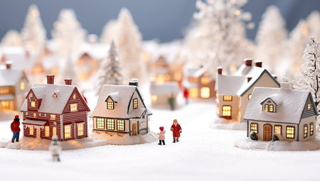 Miniature people, family walking in the snow with small houses and Christmas treesの素材