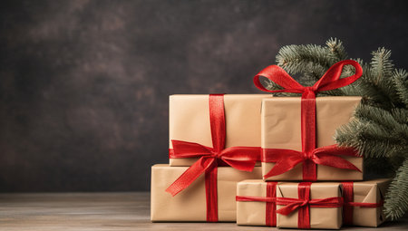 Christmas gift boxes with fir tree branches on wooden table over dark backgroundの素材