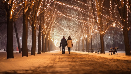 Back view of young couple walking in winter park at night with lightsの素材