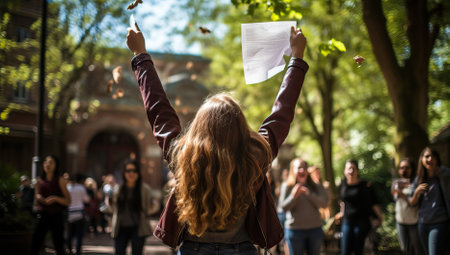 Back view of a young woman student throwing papers in the air in the park campusの素材