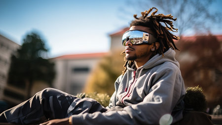 African american man with dreadlocks and sunglasses sitting on a benchの素材