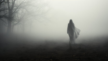 Mysterious woman in a foggy forest. Halloween theme.の素材