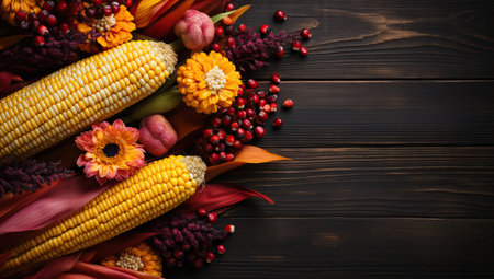 Autumn still life with corn, flowers and berries on wooden backgroundの素材