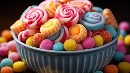 Colorful candies in bowl on blur dark background.の素材