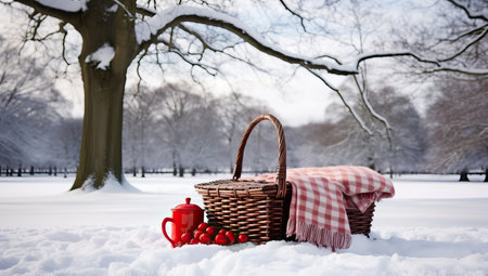 Picnic basket on the snow in the parkの素材