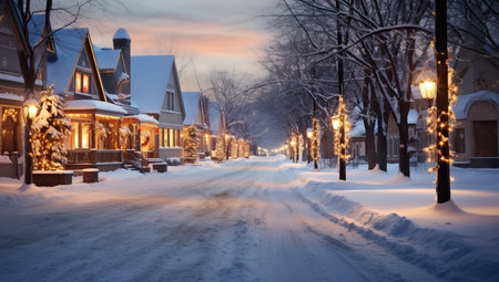Winter landscape with snow-covered street and houses in the city.の素材