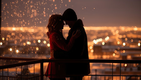 Silhouette of a loving couple looking at the city at sunsetの素材