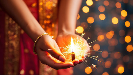 Close up of Indian woman hands holding sparkler with bokeh backgroundの素材