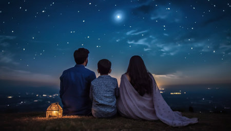 Rear view of a young family sitting on the grass and looking at the starry skyの素材