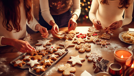 Close up of women decorating christmas gingerbread cookies at homeの素材
