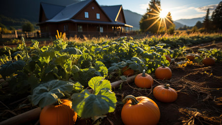 Pumpkin patch at sunset in autumnの素材